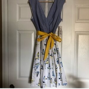 Sailboat Print Dress with Yellow Belt